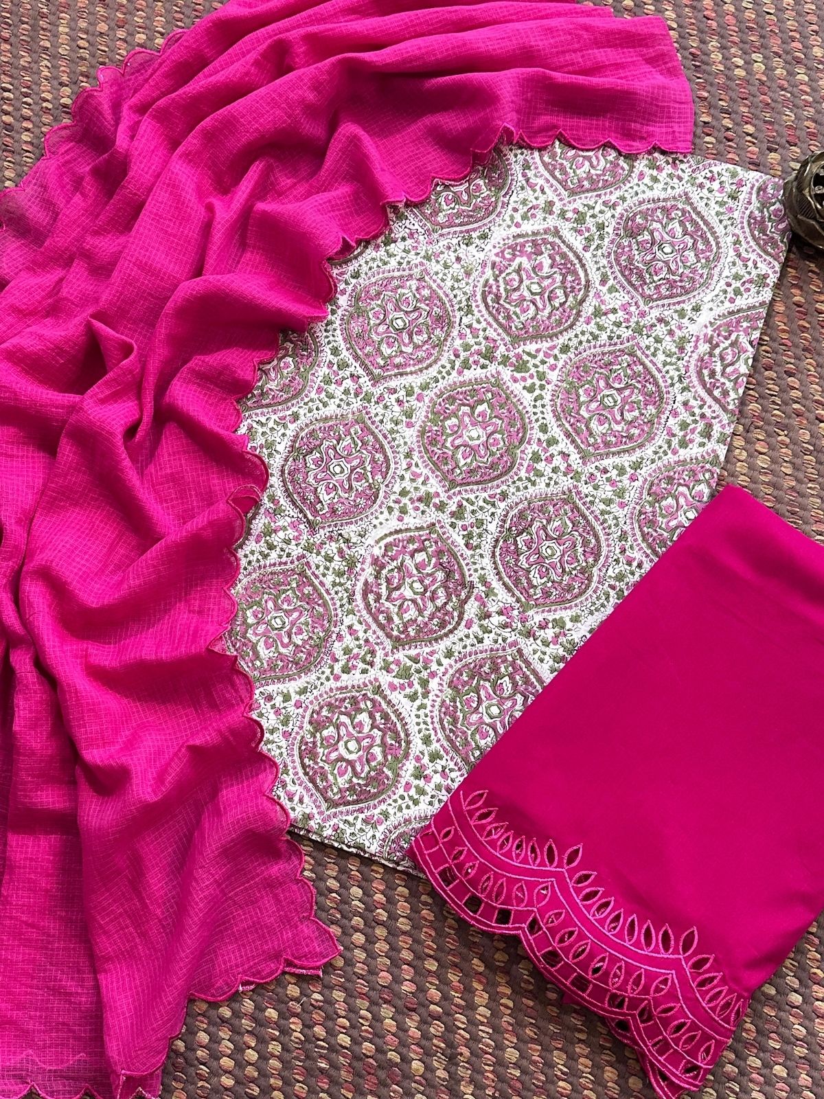 Pure Cotton Hand-blocked Fabric with Cutwork Bottom & Kota Doria Dupatta